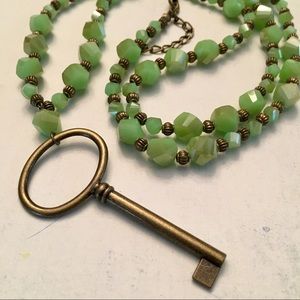 One-of-a-kind Green Glass and Brass Key Necklace